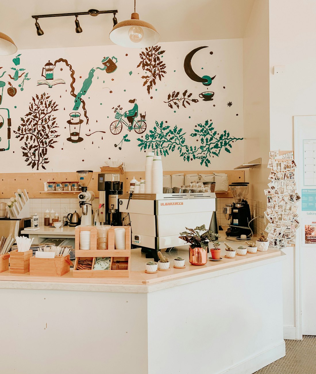 Bright café counter under a hand-painted mural of coffee branches