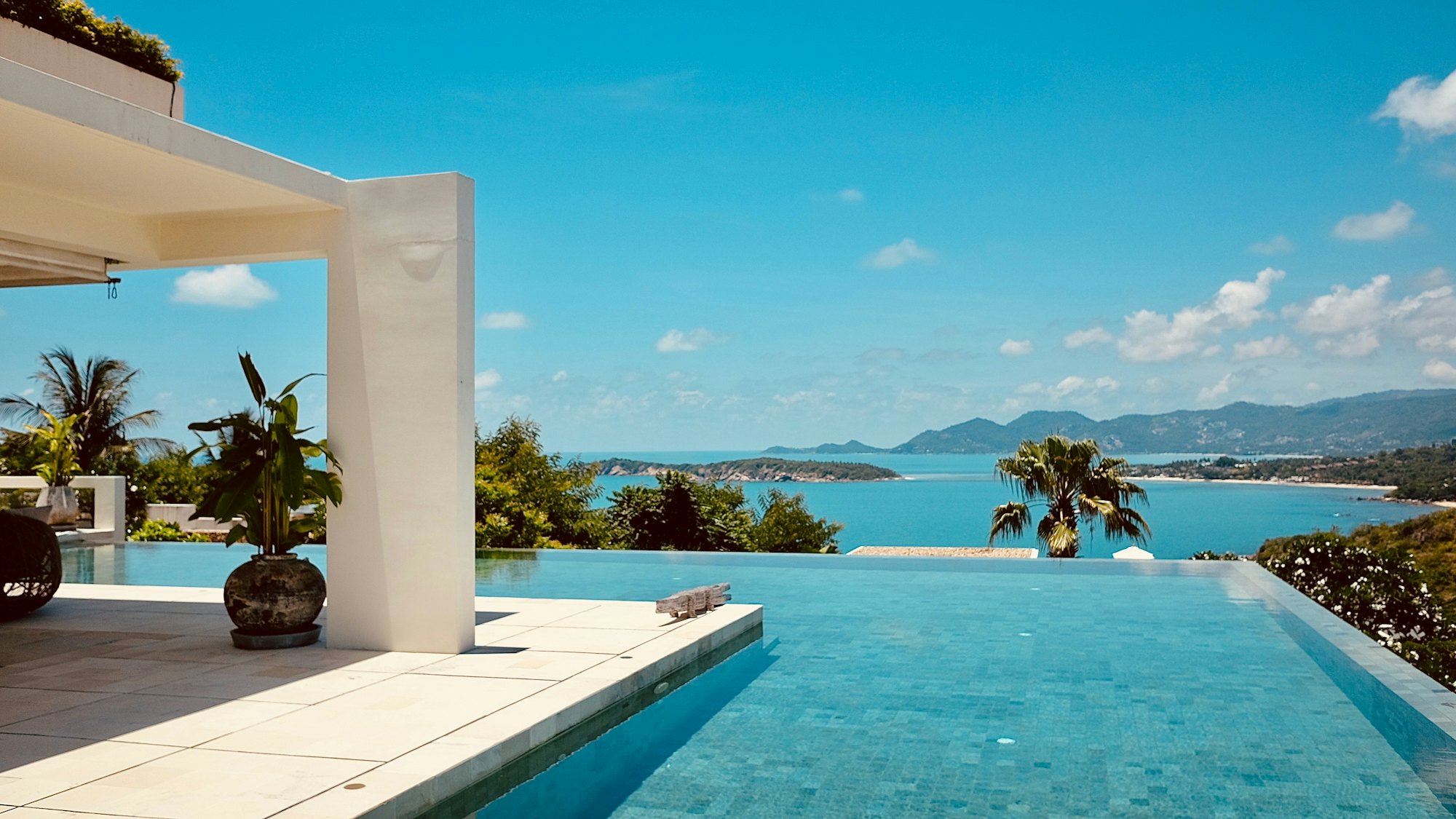The saltwater pool on the terrace, looking out to sea