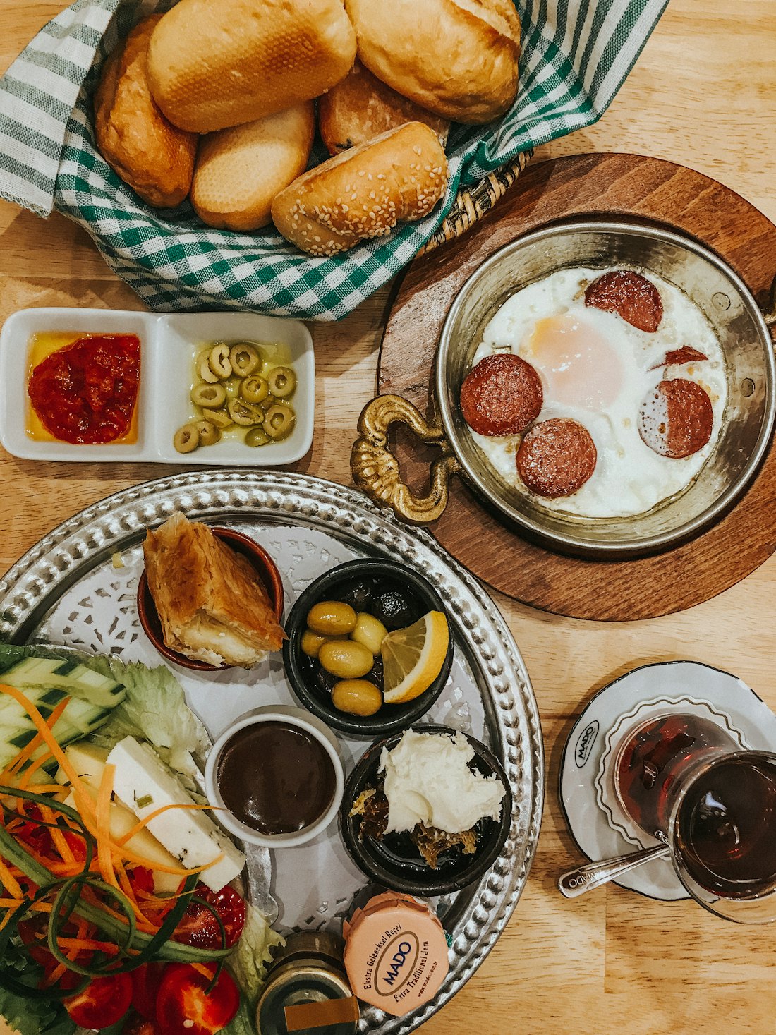 A Turkish breakfast spread in the courtyard