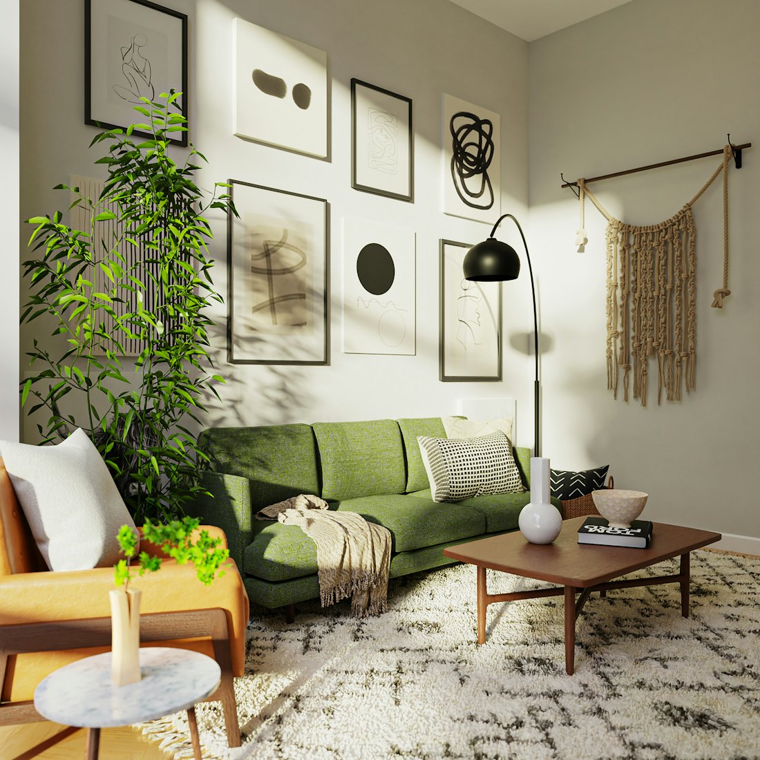 A room with a green sofa and plenty of plants