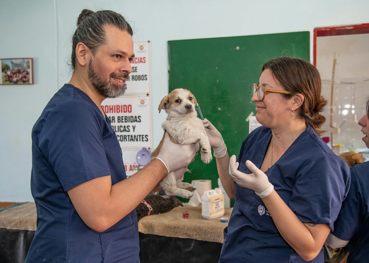 Ekip üyeleri kucaktaki yavru köpekle gülüşüyor