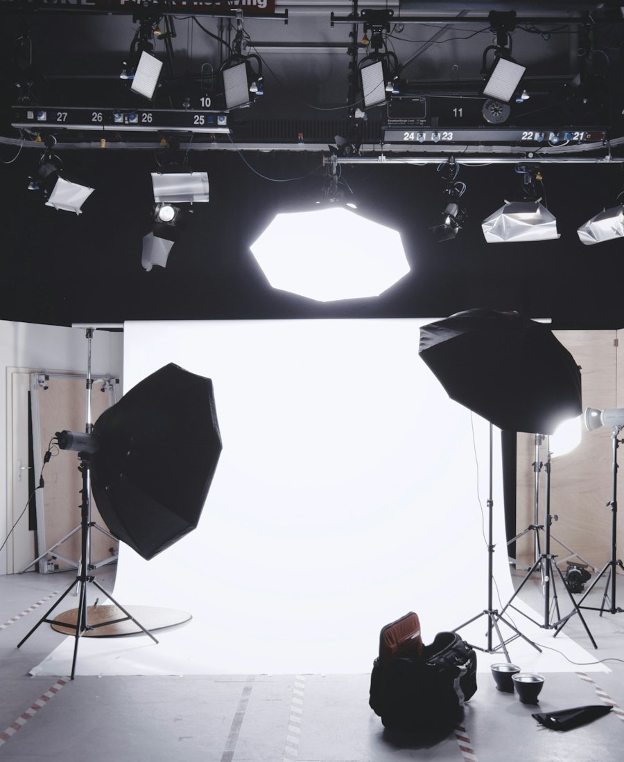 Softboxes and spotlights in a white cyclorama studio