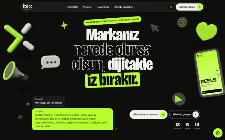 Bix Ajans home page in dark mode on desktop