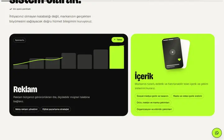 Service cards on the Bix Ajans home page