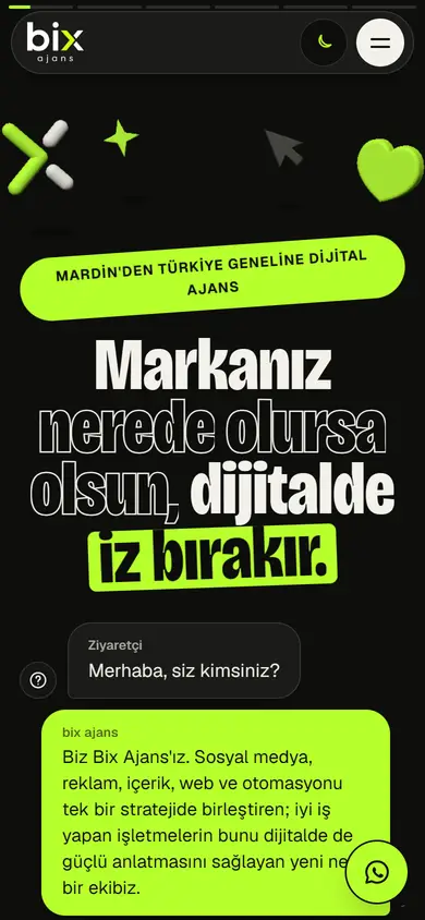 Bix Ajans home page in dark mode on a phone